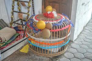 a chicken cage in the tedak siten ritual in east java photo