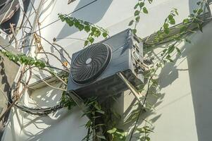 un aire acondicionador condensador descuidado con espinoso vides alrededor él. foto