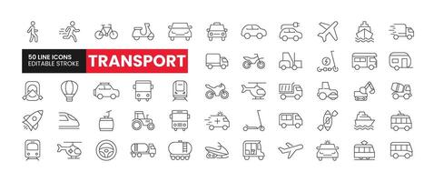 Set of 50 Transportation line icons set. Transport outline icons with editable stroke collection. Includes Bus, Snowmobile, Rickshaw, Cruise Ship, Motorcycle, and More. vector