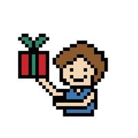 Cute pixel cartoon 8bit character man hold gift box bonus reward decoration 8 bit male boy give gift box shopping birthday christmas day game. vector