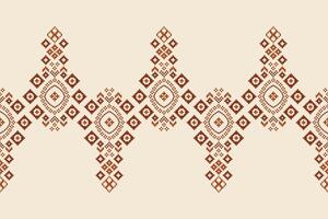 Traditional ethnic motifs ikat geometric fabric pattern cross stitch.Ikat embroidery Ethnic oriental Pixel brown cream background. Abstract,,illustration. Texture,scarf,decoration,wallpaper. vector