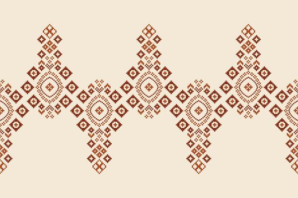 Traditional ethnic motifs ikat geometric fabric pattern cross stitch.Ikat embroidery Ethnic oriental Pixel brown cream background. Abstract,,illustration. Texture,scarf,decoration,wallpaper.