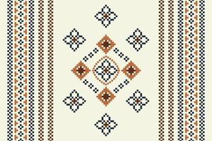 Traditional ethnic motifs ikat geometric fabric pattern cross stitch.Ikat embroidery Ethnic oriental Pixel brown cream background. Abstract,,illustration. Texture,scarf,decoration,wallpaper. vector