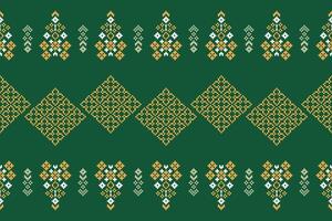 Traditional ethnic motifs ikat geometric fabric pattern cross stitch.Ikat embroidery Ethnic oriental Pixel green background. Abstract,,illustration. Texture,scarf,decoration,wallpaper. vector