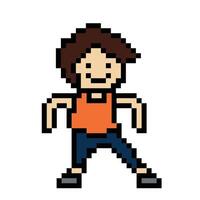 Cute pixel cartoon 8bit character man exercises training alone lifestyle for decoration life style 8 bit male boy exercise gym fitness warm up game fitness dance . vector