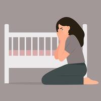 Postpartum depression. Tired sad woman sits near the cradle with a newborn baby vector