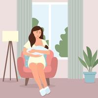 Young mother sitting on armchair and nursing newborn baby. vector