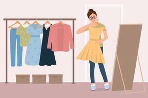 Woman standing by the clothes rack and choose an outfit. vector