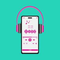 en línea radio música transmisión Servicio concepto con teléfono inteligente, auriculares y listas de reproducción. audio jugador y en línea radiodifusión Internet medios de comunicación dispositivo. vector