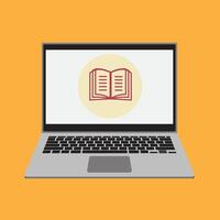 eBook icon with laptop and book in flat style on orang background. vector