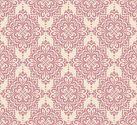 Damask background with rich, old style, luxury ornamentation, pink fashioned seamless pattern, royal wallpaper, mandala fabric swatch.