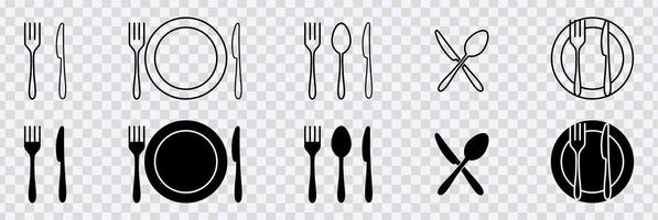 Elevate designs with plate icon set featuring dish, fork, spoon, and knife illustrations, perfect for various applications. vector