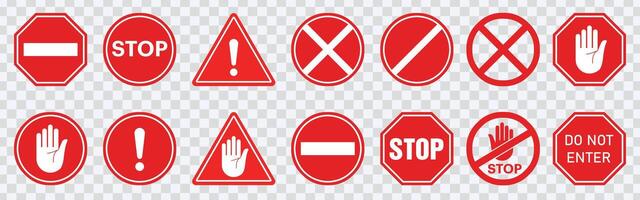 Enhance safety visuals with our Stop Red Sign Icon Set. Warning symbol with white hand for clear communication. Ideal for traffic-related designs. vector