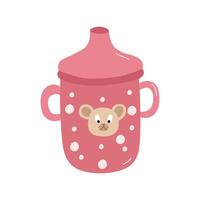 Baby cup bottle isolated on white background. Baby sippy reservoir pink with dots and bear head, drinking bowl with milk or juice with two handles illustration vector