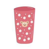 Kids tableware with bear head. Childrens pink polka cup glass and bear head on white background. flat illustration vector