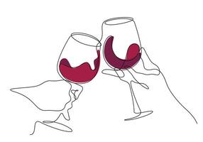 one line continuous drawing of wine glass celebratory toast cheers together vector