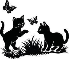 two black cats playing with butterflies in the grass vector