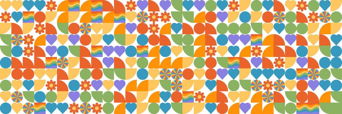 Pride month simple vintage pattern. LGBTQ community illustrations in bauhaus style with geometric elements and rainbow lgbt symbols. Human rights movement concept. Gay parade.