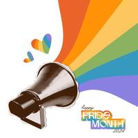 Retro loudspeaker with halftone effect in paper collage style. A rainbow emerges from the loudspeaker. Pride month greeting card. banner template. vector