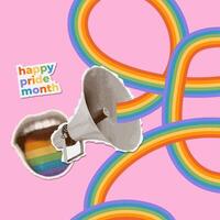 Loudspeaker with lgbt rainbow in the shape of a wavy ribbon . Mouth yelling in megaphone announcing pride month holiday or week celebration against discriminations. banner vector