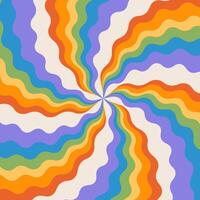 Groovy abstract rainbow swirl background with concentric wavy striped rays. Retro design in 1960-1970s style. Vintage backdrop. Colorful summer hippie carnival illustration vector