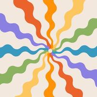 maravilloso resumen arco iris remolino antecedentes con ondulado rayos retro diseño en 1960-1970 estilo. Clásico rayos de sol fondo. vistoso verano hippie carnaval ilustración. vector