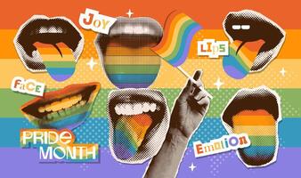 Pride month halftone collage elements set in contemporary punk grunge style. Concept of lgbt, pride, love, equality, diversity. Modern dotted mouth with sticking out tongues in colors of flags. vector