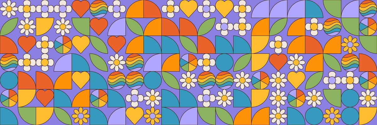 Seamless pattern with simple geometric minimalistic abstract shapes and figures in lgbt flag colors. Mosaic texture in complementary bright colors blocks. Contemporary trendy bauhaus design.