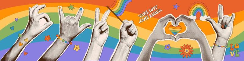 Pride Month collage elements set. Vintage halftone hands holding flag and showing different gestures. Paper Collage with torn out elements for decoration of LGBT events. eps10 vector