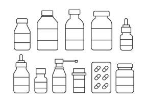 conjunto de contorno medicina botellas cápsulas ilustración vector