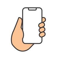 simple outline of hand holding smartphone. illustration vector