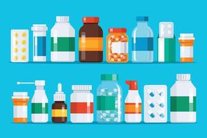 Group of Medicine bottles capsules illustration vector