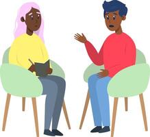 Psychotherapy session - black man talking to psychologist sitting on chair. Mental health concept, illustration in flat style vector