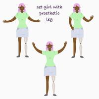 Set illustration of a black girl with a prosthetic leg in flat style. Flat Illustration on the theme of body positivity. vector