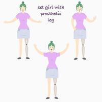 Set Illustration of a girl with a prosthetic leg in flat style. Flat Illustration on the theme of body positivity. vector