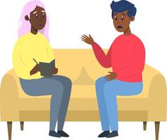 psicoterapia sesión -negro hombre hablando a psicólogo sentado en sofá. mental salud concepto, ilustración en plano estilo vector