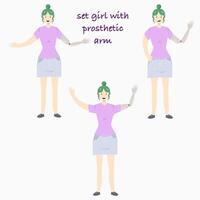 Set Illustration of a girl with a prosthetic arm in flat style. Flat Illustration on the theme of body positivity. vector