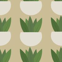 seamless pattern of cute flat flower plant in an unusual shaped pot on the beige background vector