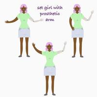 Set Illustration of a girl with a prosthetic arm in flat style. Flat Illustration on the theme of body positivity. vector