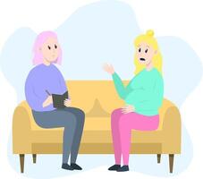 Psychotherapy session - pregnant woman talking to psychologist sitting on sofa. Mental health concept, illustration in flat style vector