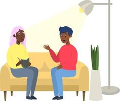 Psychotherapy session - black man talking to psychologist sitting on sofa. Mental health concept, illustration in flat style vector