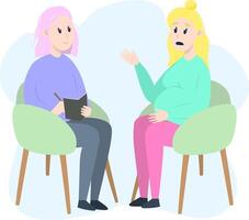 Psychotherapy session - pregnant woman talking to psychologist sitting on chair. Mental health concept, illustration in flat style vector