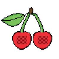 Pixeled cherry. Summer vacation icons set in pixel art design isolated on white background, 80s-90s, digital vintage game style. vector