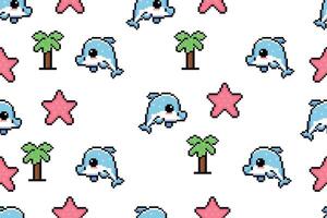 Summer pixel pattern with cute dolphin, seashells and palm for children. Trendy pattern for textile design, wallpaper, wrapping paper, scrubbing, children's parties, stickers, notebook cover. vector