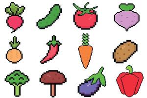 vegetales píxel Arte icono colocar, para móvil aplicaciones y juego diseño, aislado retro juego diseño. Fresco verduras logo recopilación. 8 bits duende. juego desarrollo, móvil aplicación vector