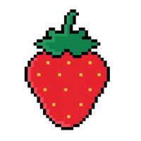 Pixeled strawberry. Summer vacation icons set in pixel art design isolated on white background, 80s-90s, digital vintage game style. vector