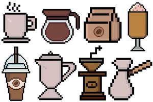 Coffee pixel art set of icons, vintage 8 bit, 80s, 90s game style, computer arcade game items, coffee cup, latte, frappe, cappuccino, coffee pot, package, cup, mug in pixelated mosaic retro game style vector