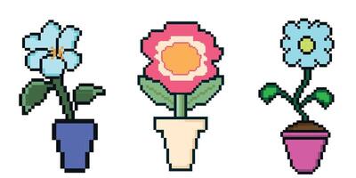 Set of summer Pixel art flowers. Vintage 90s gaming 8 bit icon of chamomile, clover, daisy. 8 bit sprite. Game development, mobile app. vector