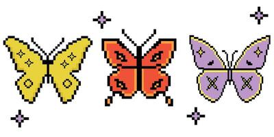 píxel Arte mariposa. color pixelado mariposa ilustraciones. 8 bits estilo insecto iconos retro juego estético. de moda diseño para social medios de comunicación, tarjetas, bandera, volantes, folleto. vector