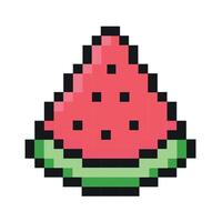 Pixeled watermelon. Summer vacation icons set in pixel art design isolated on white background, 80s-90s, digital vintage game style. vector